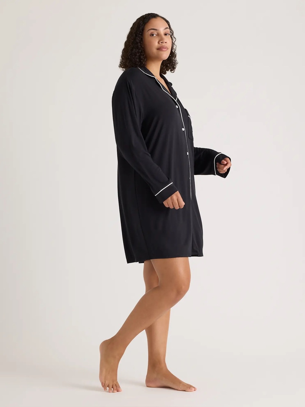 Quince Bamboo Jersey Sleep Shirt True Black White Piping XL NWOT